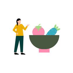 girl is standing next to a bowl of vegetables vector