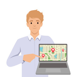 man pointing to a laptop screen displaying map vector image