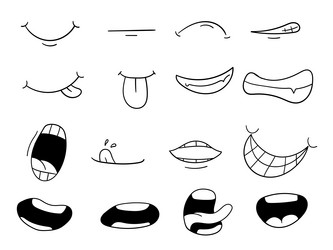 Cartoon mouth smile happy sad expression set hand vector