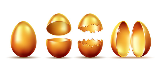 set of golden eggs with broken exploded eggshell vector