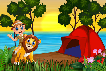 Zookeeper boy and a lion in campsite at sunset lan vector