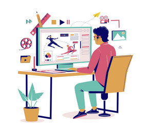 animation designer at computer with video motion vector image