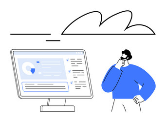 man analyzing data on desktop monitor with cloud vector image
