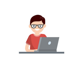 man with laptop smiling happy nerd vector image