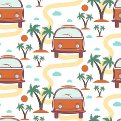 Seamless pattern of retro bus with surfboard vector