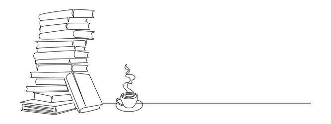 stack books and cup of coffee in one continuous vector image
