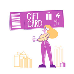 Female character with smartphone stand near gift vector