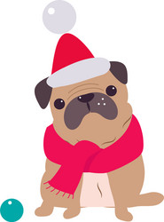 Funny pug dog in red santa hat and scarf symbol vector