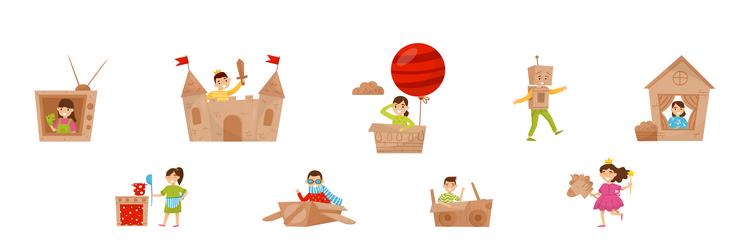 kids with cardboard box playing creative crafted vector image
