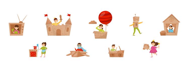 Kids with cardboard box playing creative crafted vector