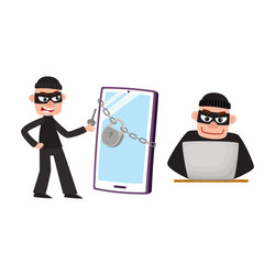 hacker in mask hacking laptop computer and phone vector image