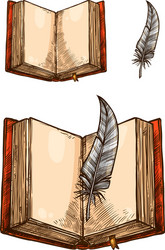open book with empty page and feather pen sketch vector image