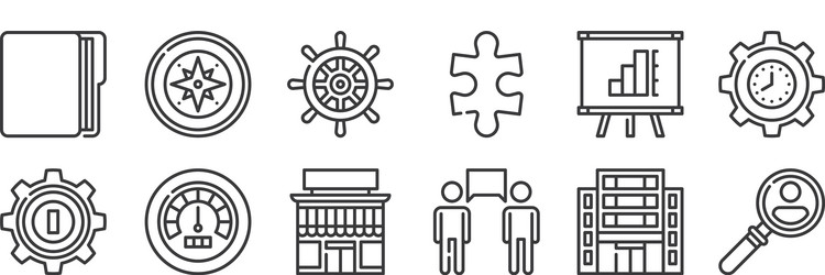 12 set linear management icons thin outline vector