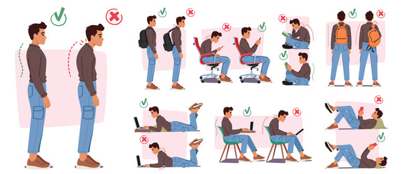 Man with wrong body postures include slouching vector