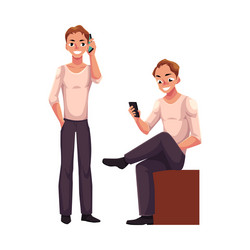 Man talking by mobile phone standing using vector