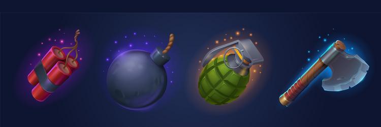 game icons of bomb dynamite grenade and old axe vector