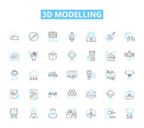 3d modelling linear icons set rendering vector