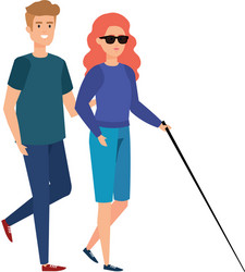 Blind woman with walking stick and helper vector