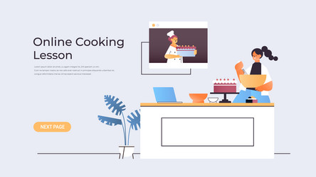 woman preparing cake while watching video tutorial vector