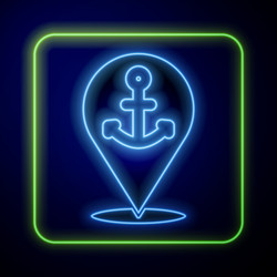 Glowing neon map pointer with anchor icon isolated vector