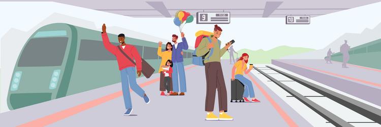 people waiting train on railway station male vector