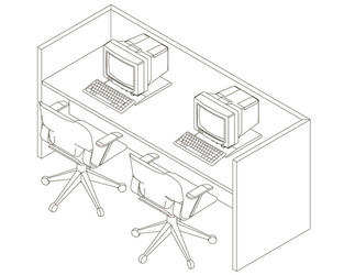 Contour office desk with old computers vector