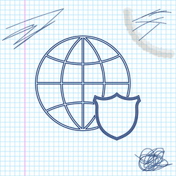 Shield with world globe line sketch icon isolated vector