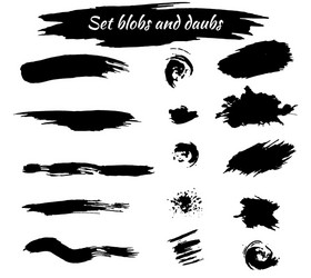 set black brush strokes and blots elements vector