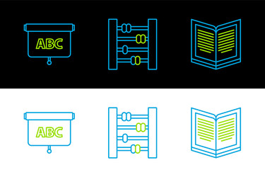 Set line open book chalkboard and abacus icon vector