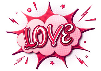 comic poster with lettering love on thought bubble vector