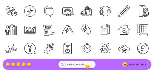 software bug question mark and inspect line icons vector image