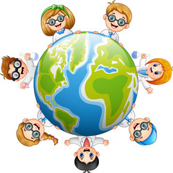Happy group of children standing around the world Vector Image