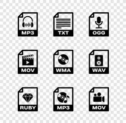 Set mp3 file document txt ogg ruby and mov vector