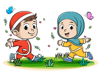 happy two muslim teenage running in park vector