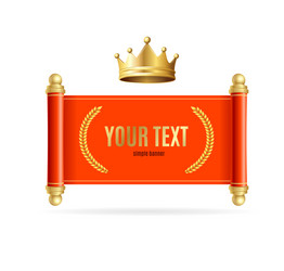 Realistic detailed 3d golden crown and red scroll vector