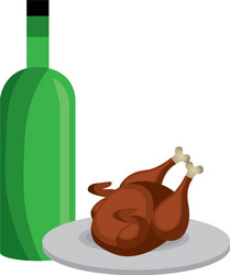 delicious chicken meat with wine bottle vector