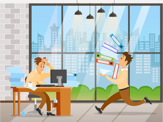 man works with computer in office to finish task vector image