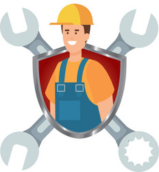 Builder worker with helmet and wrenches in shield vector