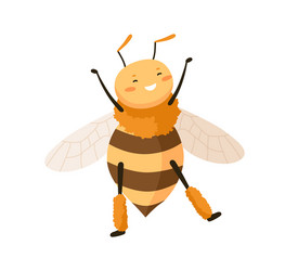 Cute happy honey bee dancing with paws up funny vector