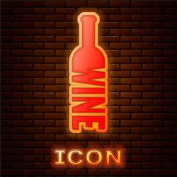 Glowing neon bottle wine icon isolated on brick vector