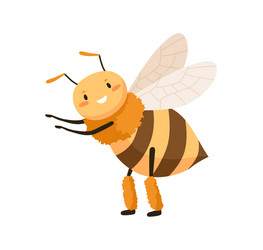 cute happy honey bee dancing and pointing at smth vector