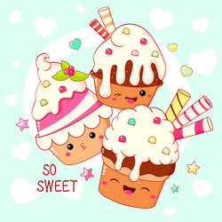 Card with cute dessert in kawaii style cake vector