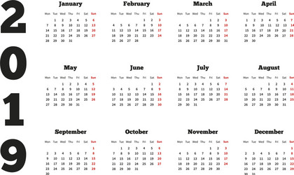 calendar on 2019 year with week starting from vector