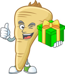 Cartoon character happy parsnip with gift box vector