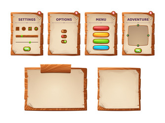 Wooden game buttons cartoon wood interface Vector Image