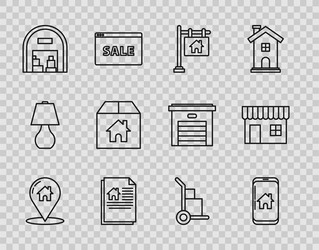 Set line map pointer with house mobile phone vector