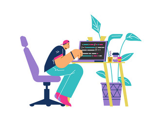 young man programming and coding software flat vector image