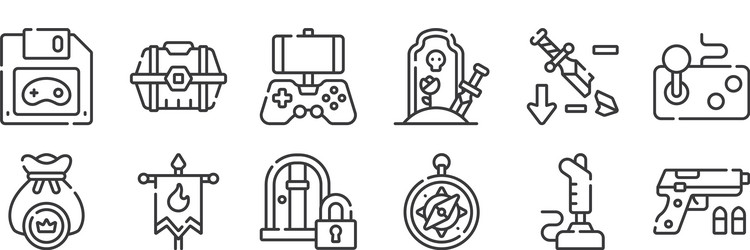 12 set linear videogame icons thin outline vector