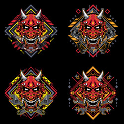 Japanese Oni Demon Masks - Tribal Art Vector Image