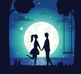 Romantic atmosphere couple moon and lake at nigh vector